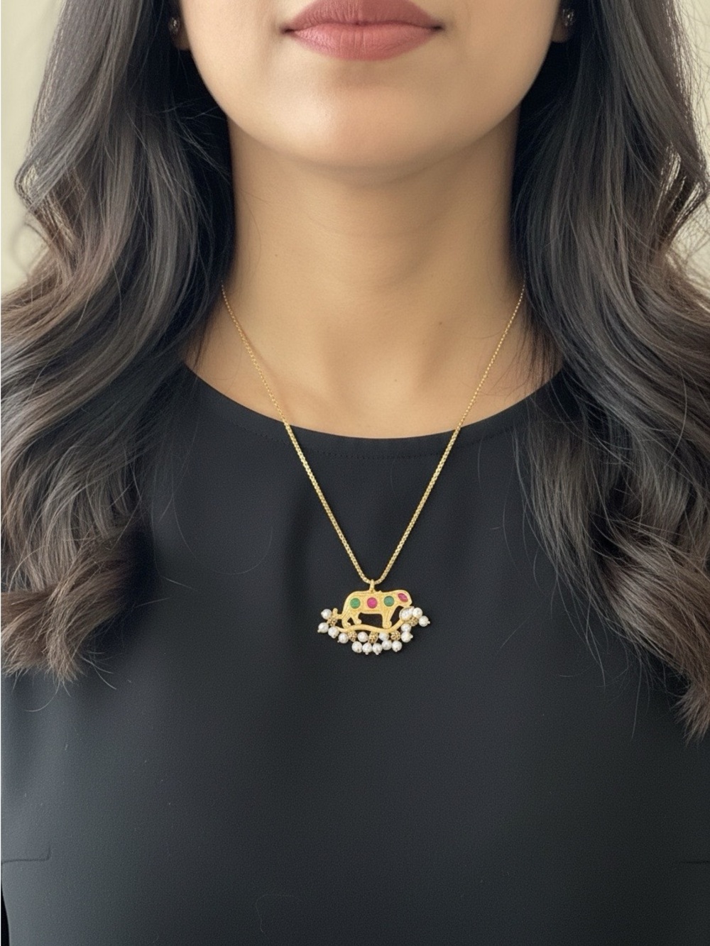 Gold Pendant Necklace with Multicolor Enamel and Pearl Dangles